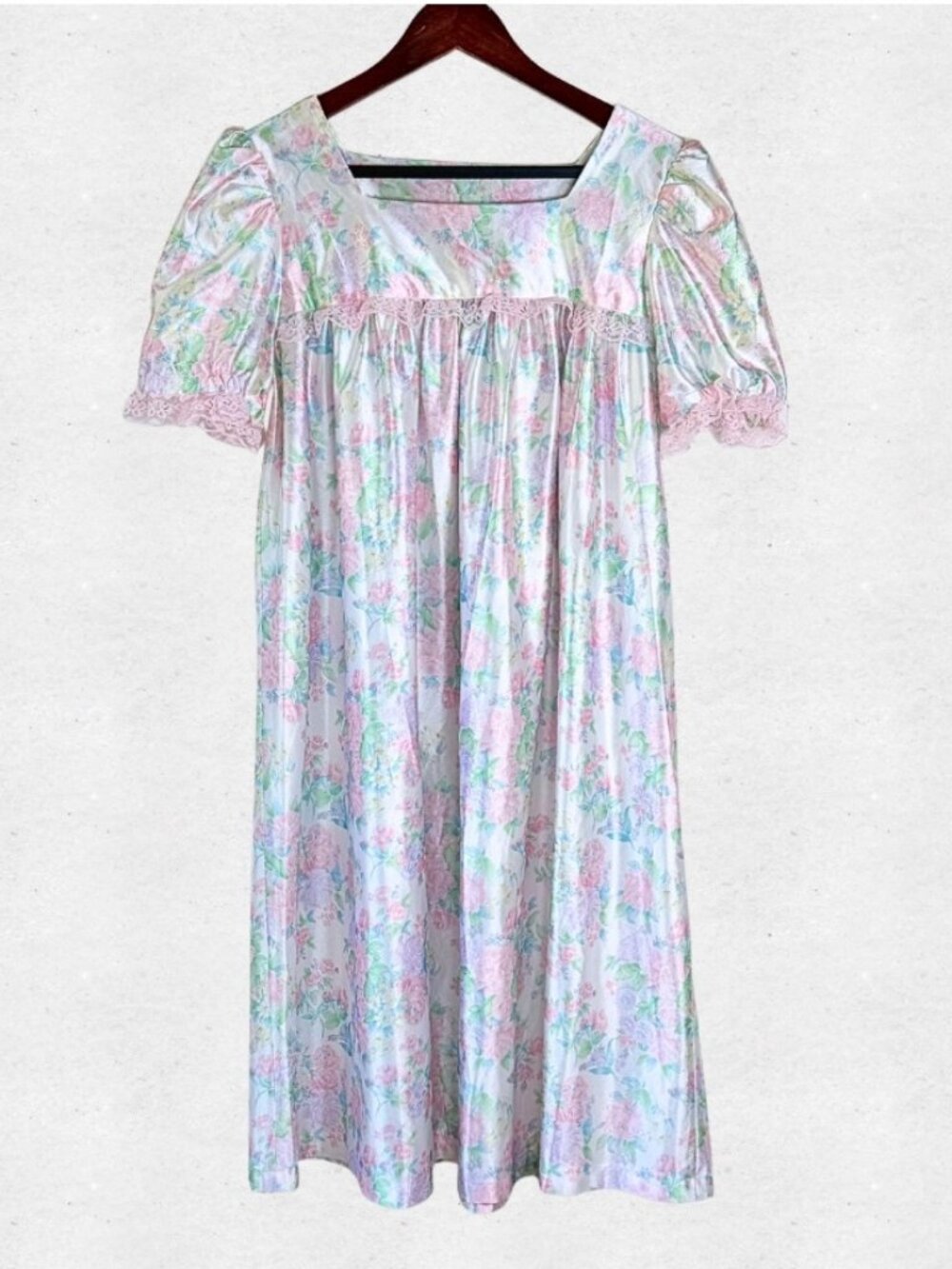 Vintage Pastel Floral Nightgown Medium Puff Sleeves Pink Lace Coquette Cottage